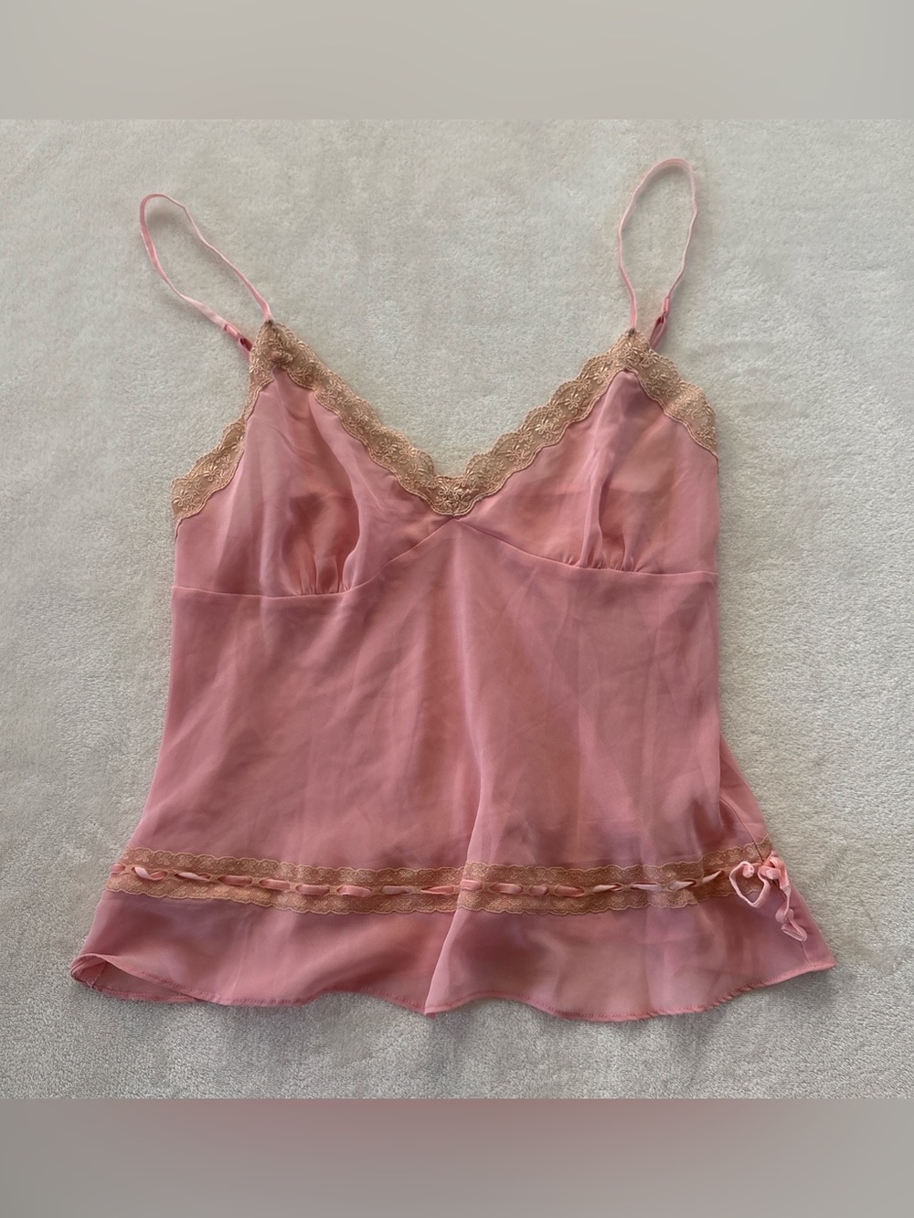Vintage Y2K Victoria's Secret Pink White Lace Trim Bow Ribbon Lingerie Cami Med